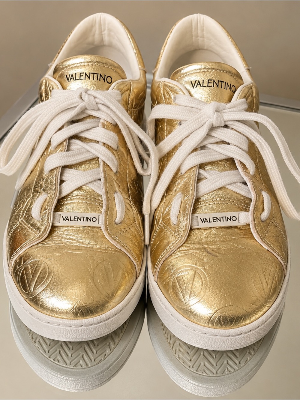 Valentino by Mario Valentino Sofia VLOGO Gold Leather Sneakers